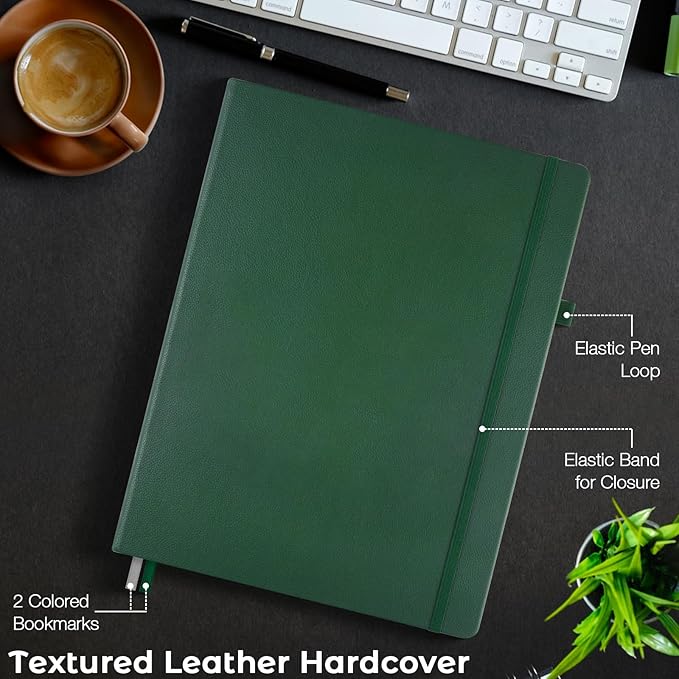 College Ruled Notebook, A4 Hardcover Leather Notebook for Work, Lined Notebook Journal for Women, Men, 192 Thick Paper, Lay Flat, Large Notebook with 2 Pockets, Professional Business Notebook, Green