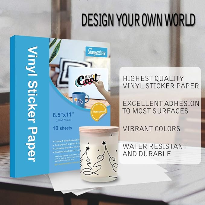 Premium Printable Vinyl Sticker Paper,Transparent 50 Clear Self-Adhesive Sheets,No-Waterproof,Dries Quickly Vivid Colors Decal Paper,Tear Resistant for Any Epson HP Canon Sawgrass Inkjet Printer