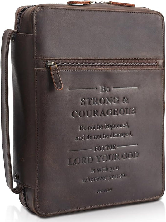 Polare Full Grain Leather Bible Cover Church Bag Bible Protective Book Holder Carrying Case Folder Organizer Portfolio with YKK Zippers, Dark Brown(Strong & Courageous)