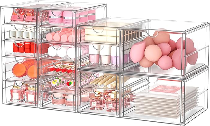 Makeup Acrylic Organizer with 17 Drawers(4 Sets), Desk Organizers and Accessories, Clear Makeup Organizer, Dustproof Storage Drawers for Office Art Craft Supplies