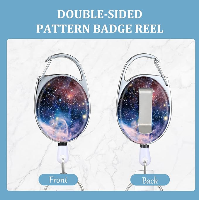 Badge Reels Retractable，Double Sided Color Print Pattern Retractable Badge Holders，with Retractable Keychain, Badge Clip and Key Ring，Durable Nylon Retractable Rope，Starry Sky