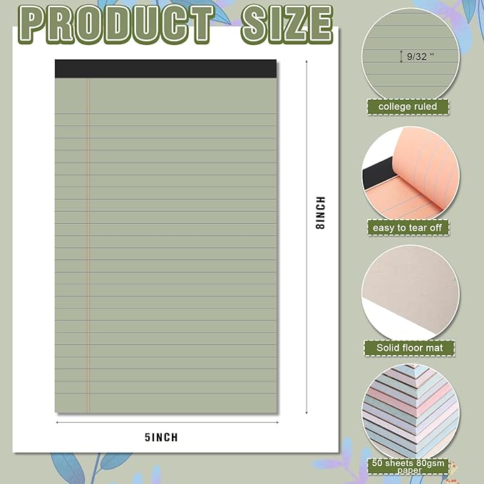 Lincia 12 Pcs 5" x 8" Colored Note Pads Mini Legal Pads Ruled 50 Sheets Per Micro Writing Pads Perforated and Lined for College Office Supplies (Retro Colors)