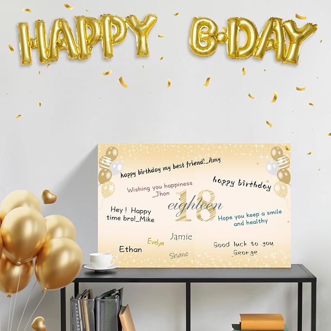 Large 18th Birthday Card With Envelope for Boys Girls, 2007 Black Gold Happy 18th Birthday Giant Guest Signature Book Gifts, Big Vintage 2007 18th Greeting Card Decoration Party Supplies