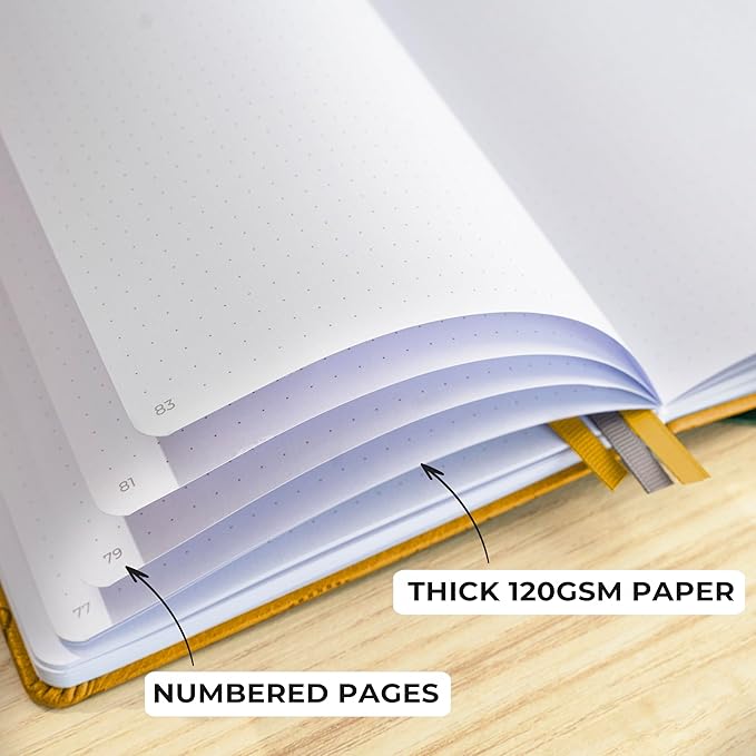 Clever Fox Dotted Journal 2.0 – Compact Planning and Sketching Dot Grid Notebook 120 GSM Thick, No-Bleed Paper – Planner with Pen Loop, Pocket, Ribbons, Stickers A5 - Amber Yellow