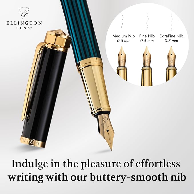 Luxury Fountain Pen Set- Fountain Pens for Writing - Smooth Fine Nib - Includes Refillable Ink Converter, 3 Ink Cartridges [Black & Blue], Gift Box - Elegant Calligraphy