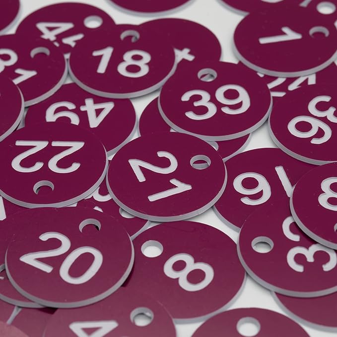 StayMax Plastic ID Number Tags Engraved Tags Key Tags Without Key Rings (1-50, Purple)