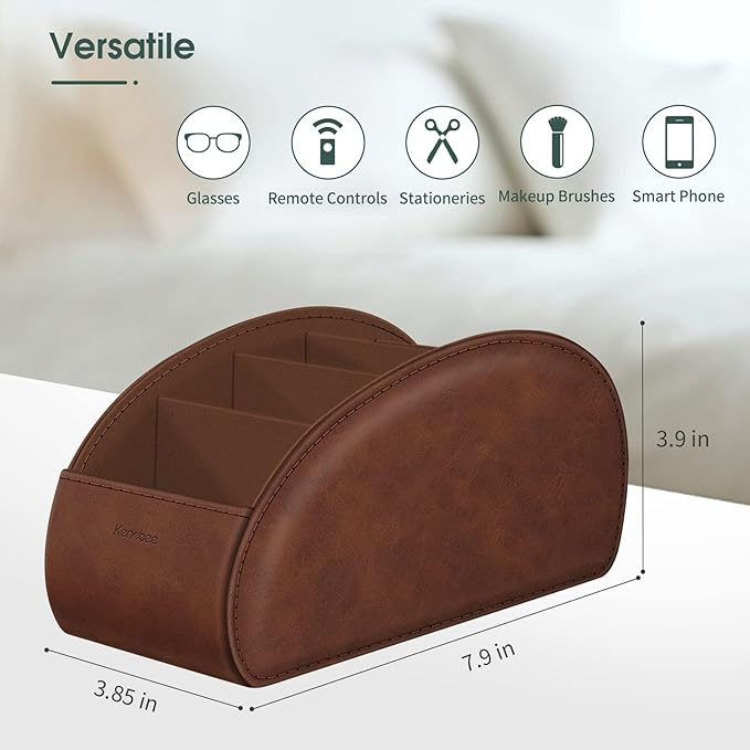Large Remote Control Holder with 5 Compartments, KENOBEE Anti-slip Desktop Caddy Storage Organizer for Phone, Remote Controllers, Office Supplies, Makeup Brush, Media Accessories,Brown