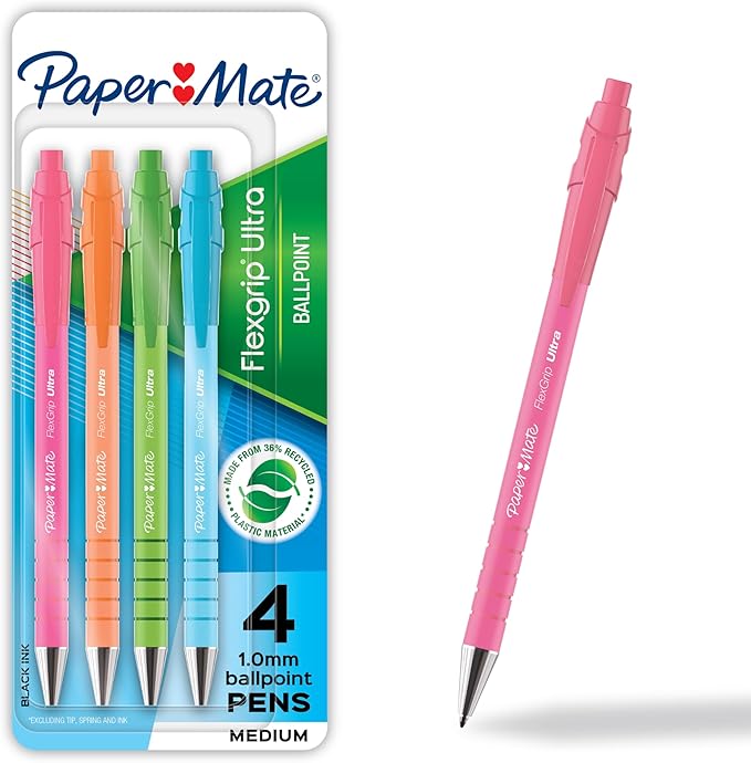 Paper Mate FlexGrip Ultra Ballpoint Pens, Made from Recycled Plastic Materials, Assorted Barrel Colors, Medium Point (1.0mm), Black, 4 Count