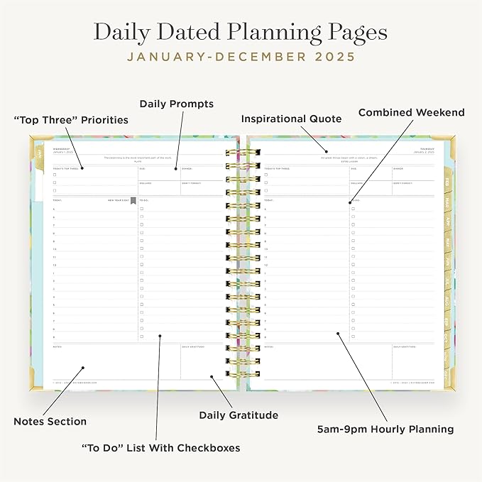 Day Designer 2025 Daily Planner – Premium Planner for Stylish Organization. Combines Monthly Calendar, Hourly Schedule, To-Do List, Gratitude, Goal Setting, Inspirational Quotes, Stickers & More. Elegant laminated Cover with Gold Accents (Monet)