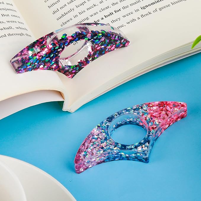 Rhinestones Book Page Holder, Glitter Crystal Thumb Book Holder, Sector Resin Book Opener Handmade Thumb Bookmarks Reading Accessories for Birthday Party Wedding Gifts(Purple Green+Pink Blue)