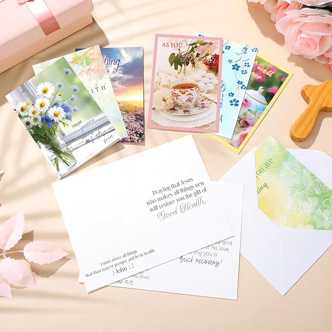 36 Sets Christian Get Well Soon Cards with Scripture Assorted Religious Bible Verse Wishing You Well Greeting Cards with Envelope(Floral Design)