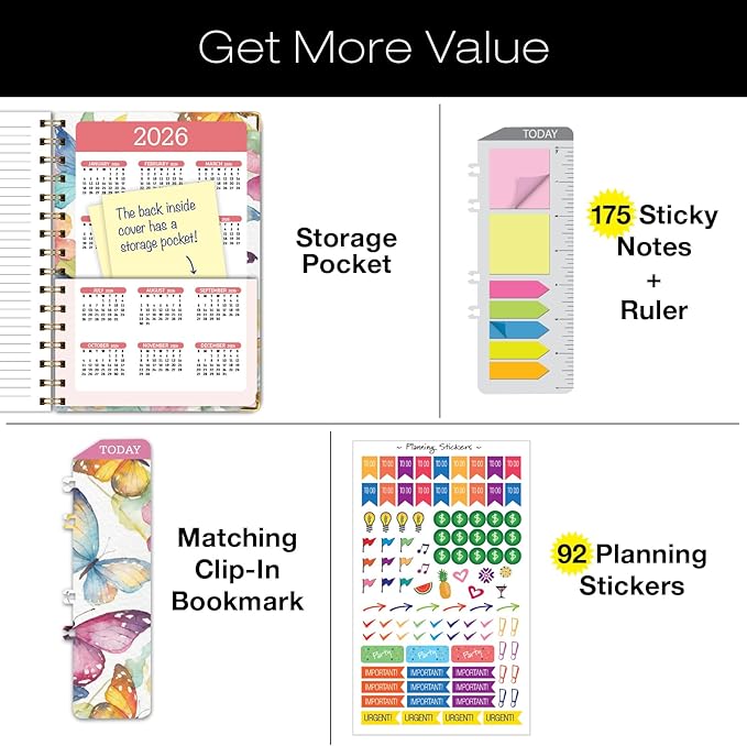 HARDCOVER 2025 Planner, 5.5"x8": 14 Months (November 2024 - December 2025), Daily Weekly Monthly Planner, Yearly Agenda, Bookmark, Pocket Folder and Sticky Note Set (Watercolor Butterflies)