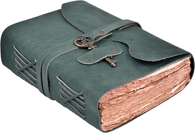 LEATHER VILLAGE Vintage Leather Journal – 200 Handmade Vintage Deckle Edge Paper – Leather bound Journal For Women Men – Vintage Key Closure - Book of Shadows - Aqua - 6X4 inches (A6)