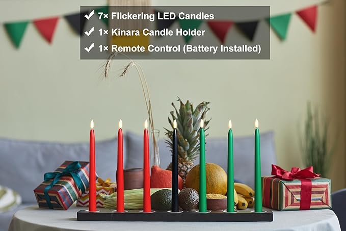 Kwanzaa Kinara Candle Holder Set with Flameless Battery Powered Electric Candles, Flameless Kwanzaa Candles - Set of 7 Tapers (Battery Operated) Mishumaa Saba, Realistic 3D Flames, Remote Control