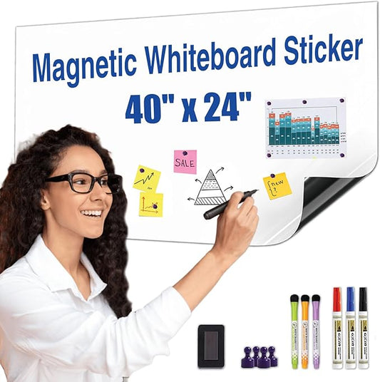 Magnetic Whiteboard Sticker - Adhesive Backing 40'' x 24'' Dry Erase Board for Wall Whiteboard Contact Paper for Kids Office Home Include Marker Magnet Eraser