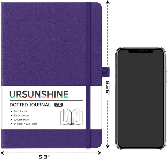 Dotted Journal/Notebook - Dot Grid Hard Cover Notebook, Premium Thick Paper with Fine Inner Pocket, Black Smooth Faux Leather, Pen Loop, 5.3'' x 8.26'' - Periwinkle