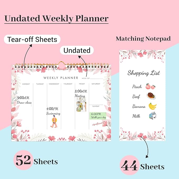 Yoment Weekly Planner Notepad 8.5x11 Weekly To Do List Notepad 52 Weekly Desk Planner Calendar Hangble Undated Weekly Planning Pad for Work,Home,School,Ofiice Supplies,Matching 44 Notepad,Pink