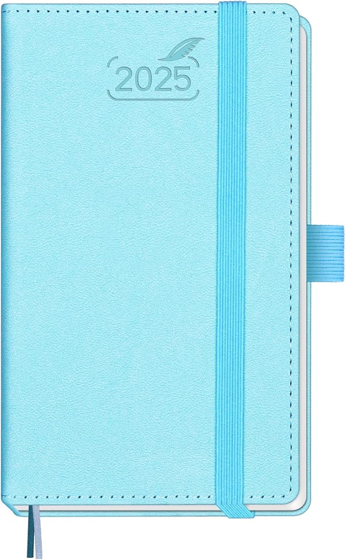 BEZEND Pocket Calendar 2025 for Purse 3.5" x 6", 2025 Pocket Planner Daily Weekly & Monthly with Pen Holder, Small Agenda 2025 with Vegan Leather Hard Cover - Sky Blue