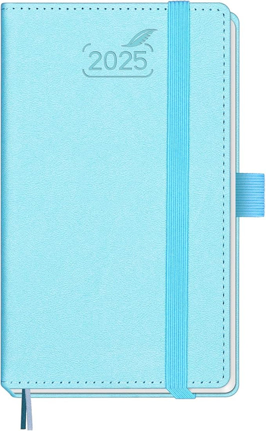 BEZEND Pocket Calendar 2025 for Purse 3.5" x 6", 2025 Pocket Planner Daily Weekly & Monthly with Pen Holder, Small Agenda 2025 with Vegan Leather Hard Cover - Sky Blue