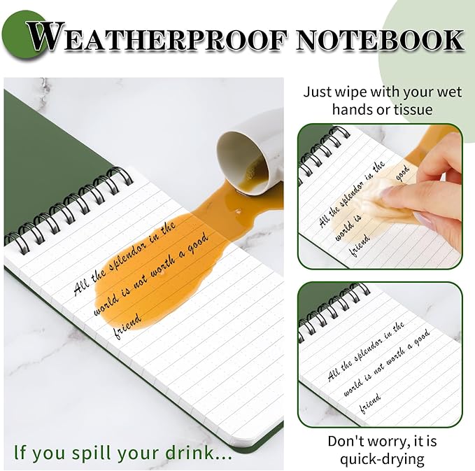 Waterproof Notebook, 4 Pack Top-Spiral Pocket Notepad, 3" x 5" Weatherproof NotePad, All Weather Police Pocket Notebook Little Memo Steno Note Pads for Outdoor Office School Recording, Black