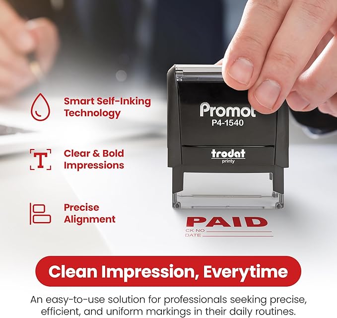 Promot Paid Stamp Self Inking Stamp - Paid Stamp for Office, Accounts Payable Stamp w/Check Number and Date - Rubber Stamps for Retail Use, Red Ink Stamp, Self Inking Stamp for Business Supplies