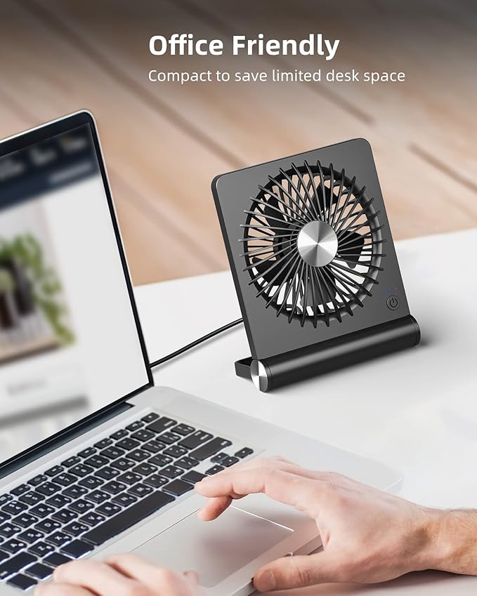 Koonie Desk Fan, Strong Wind Ultra Quiet Small USB Fan 180° Tilt Folding 3 Speeds Adjustable USB-C Powered Personal Fan for Home Office Desktop Black