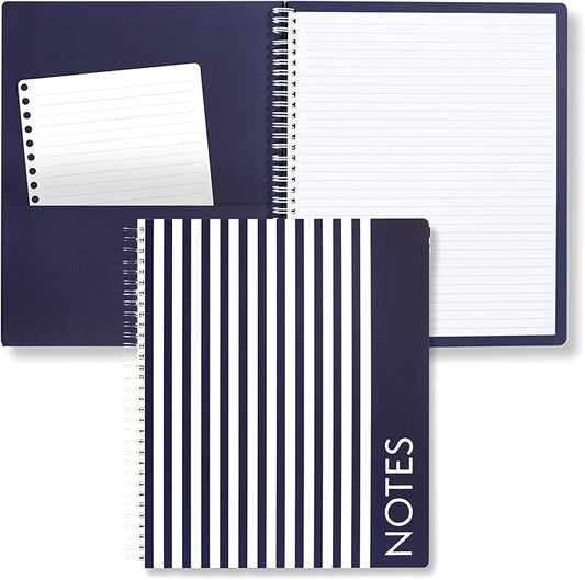 Steel Mill & Co Cute Large Spiral Notebook College Ruled, 11" x 9.5" with Durable Hardcover and 160 Lined Pages, Navy Stripe