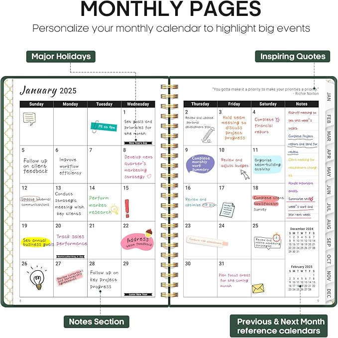 2025 Planner, Weekly and Monthly Planner Spiral Bound, Jan 2025 - Dec 2025, Hardcover 2025 Calendar Planner Book with Tabs, Inner Pocket, Perfect for Office Home School Supplies - A5 (6.3" x 8.5"), Green