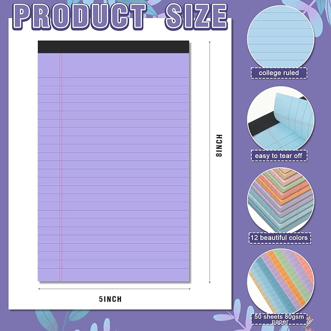Lincia 24 Pcs 5" x 8" Colored Note Pads Mini Legal Pads Ruled 50 Sheets Per Micro Writing Pads Perforated and Lined for College Office Supplies (Bright Colors)