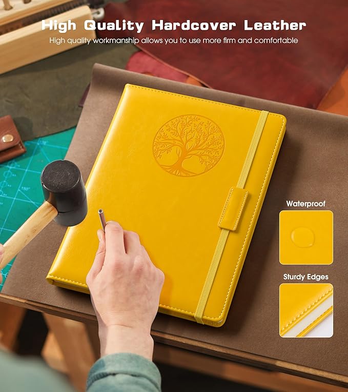 Lined Journal Notebook for Women Men,256 Pages A4 Large Hardcover Leather Journals for Writing,Travel,Business,Work,School,College Ruled Notebooks for Note Taking,Diary Notepad 8.6"×11"(Yellow)