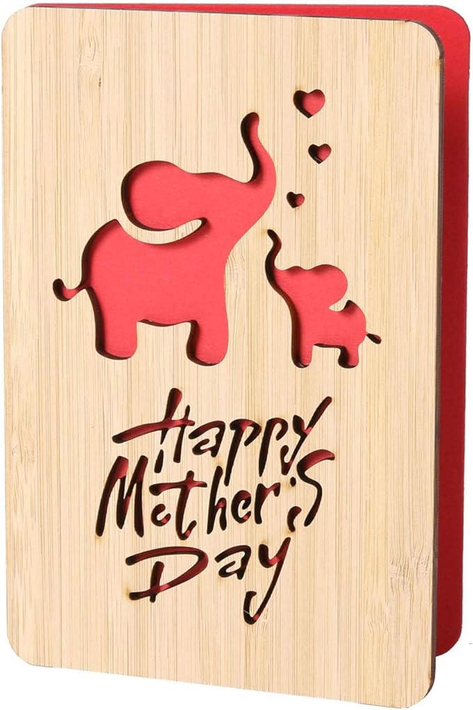 Mothers Day Cards,Handmade Bamboo Greeting Cards,Wooden Thankyou Card,Wooden Birthday Card for Mom,Mum Birthday Gift,Elephant pattern
