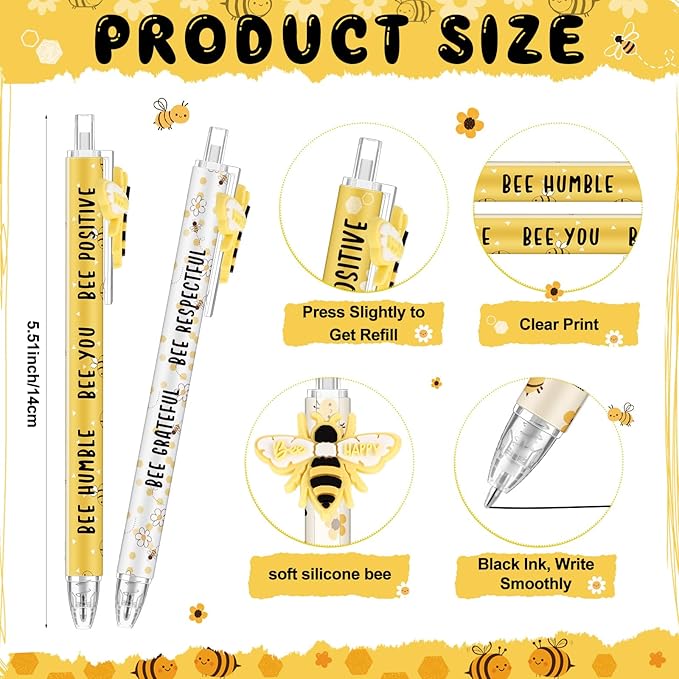 Jetec 48 Pcs Bee Pens Gifts Inspirational Cute Ballpoint Pens Bulk Motivational Employee Appreciation Black Ink for Bee Lovers Thank You Gifts