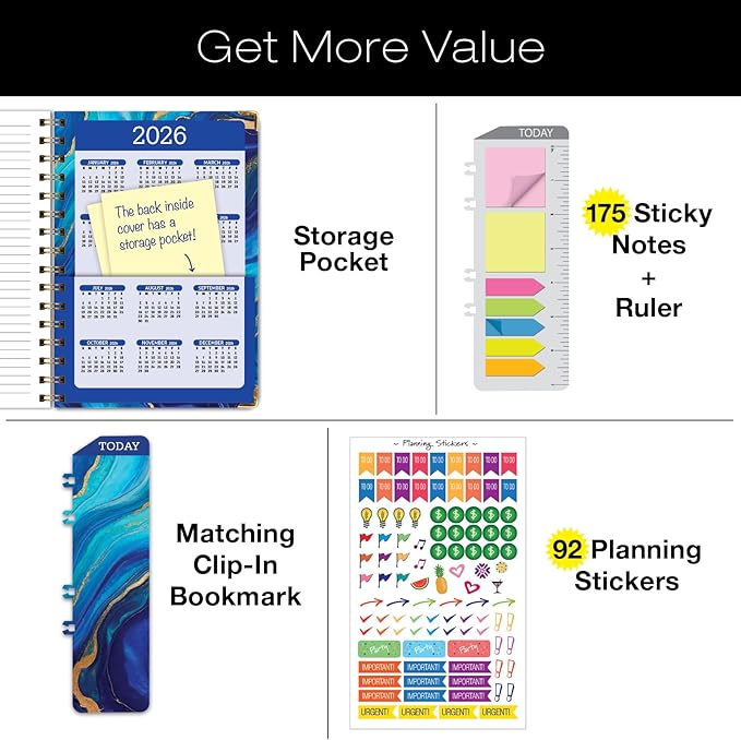 HARDCOVER 2025 Planner, 5.5"x8": 14 Months (November 2024 - December 2025), Daily Weekly Monthly Planner, Yearly Agenda, Bookmark, Pocket Folder and Sticky Note Set (Dark Blue Marble)