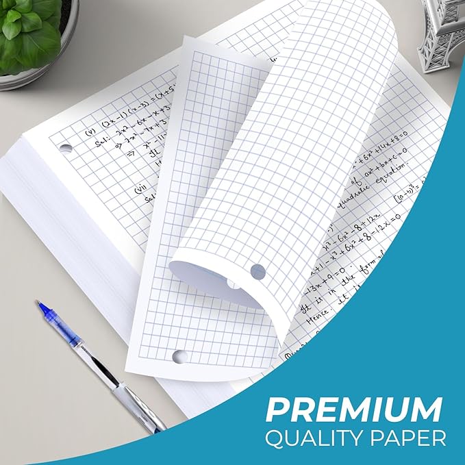 Graph Paper 3 Pack, 450 Sheets, 4x4 Grid Paper, 8" x 10.5", 3 Hole Punched, Notebook Paper, 54 GSM Thick Graphing Paper, Quad Ruled Graph Paper, Loose Leaf Paper, Back to School Supplies