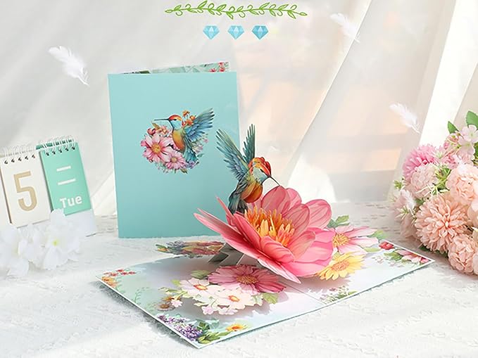 3D Hummingbird and Flower Pop Up Card, Elegant Bird Pop-Up Card with Blooming Flowers for Anniversary, Thank You, Valentines Day, All Occasion