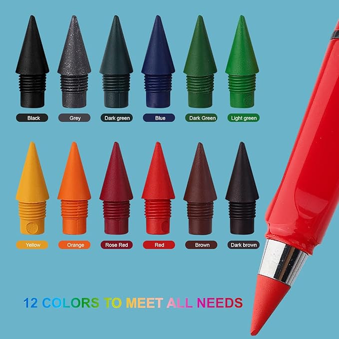 Everlasting Pencil:24PCS 12 colors Replaceable Refill Infinite Pencil Replaceable Graphite