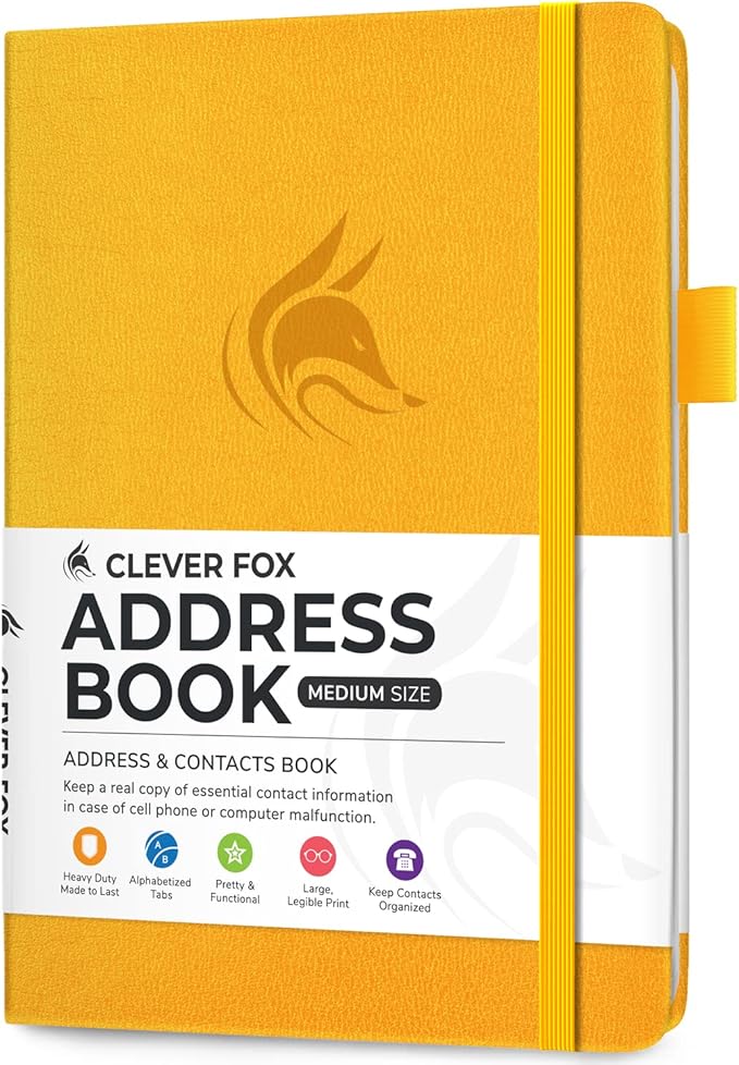 Clever Fox Address Book with alphabetic tabs - PU Leather Telephone and Address Book for Keeping Contacts Safe, Contact Organizer Journal, Medium Size (5.3″ x 7.7″) Hardcover, Amber Yellow