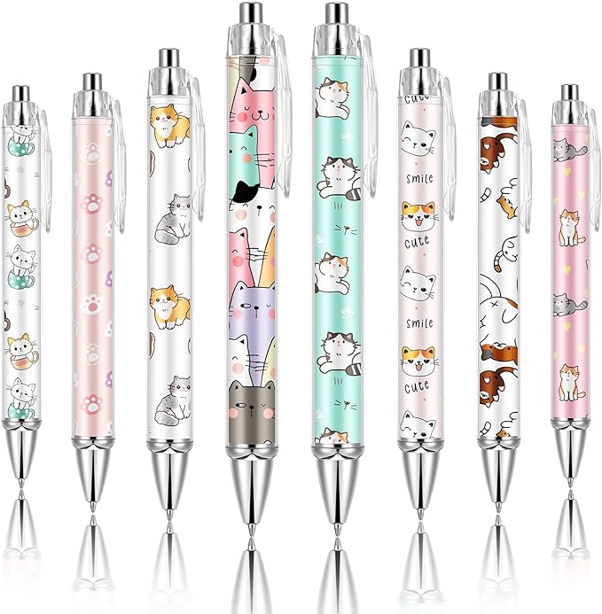 Ireer 8 Pcs Ballpoint Pens for Women 1.00 mm Cute Black Ink Fancy Pens Fine Point Smooth Writing for Journaling Aesthetic Office Supplies(Cat)