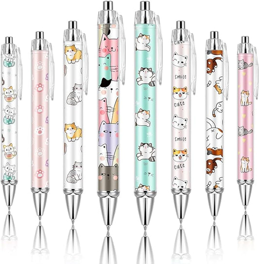 Ireer 8 Pcs Ballpoint Pens for Women 1.00 mm Cute Black Ink Fancy Pens Fine Point Smooth Writing for Journaling Aesthetic Office Supplies(Cat)
