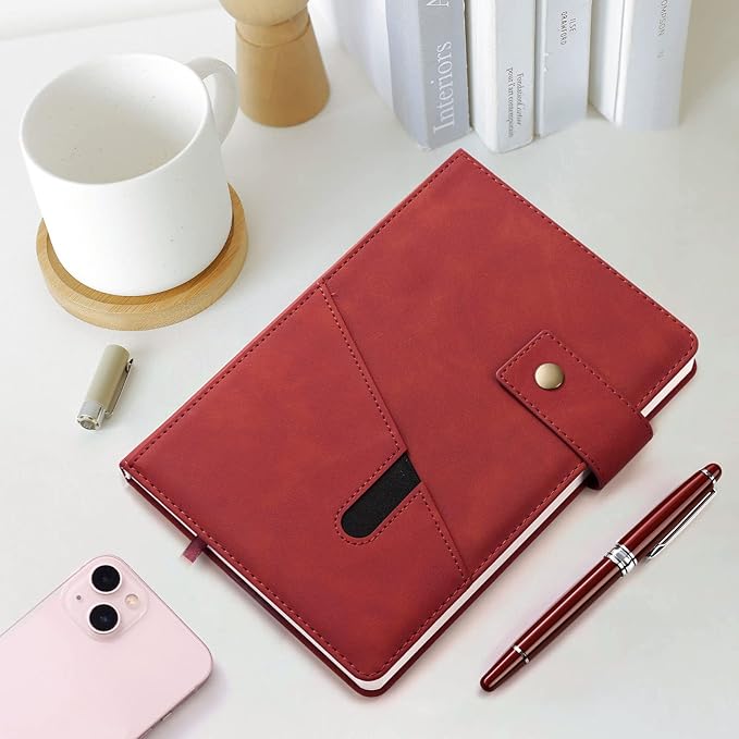 A5 Leather Journal Notebook with Pen, 200 Pages Hardcover Journal with Pocket, 100gsm Thick Lined Paper Daily Diary for Men and Women, Great Gift for Business School Travel Personal - Red