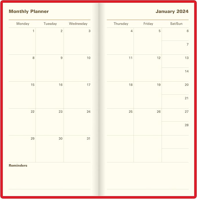 Letts of London Belgravia Weekly/Monthly Planner, 12 Months, January to December, 2024, Vertical, Slim Size, 6.625" x 3.25", Red (C33SURD-24)