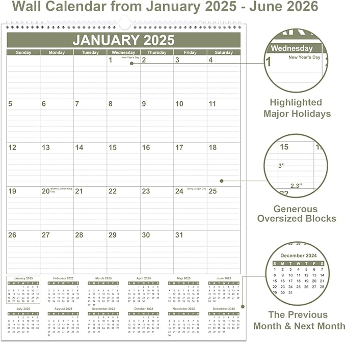 Large Calendar 2025-2026 with Spiral Bound - 18 Month Big Calendar from Jan 2025 to Jun 2026, Vertical Large Monthly Calendar 2025-2026 for Wall, Calendario 2025, 22" x 17", Cyan