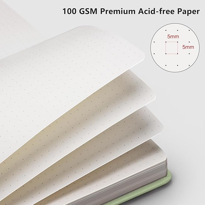 RETTACY Bullet Dotted Journal, A5 Dotted Notebook Journal with 192 Pages, 5.7'' × 8.3'', Medium Size, 100 GSM Thick Paper, Leather Hardcover, Bullet Journaling, Planning (Light Green)