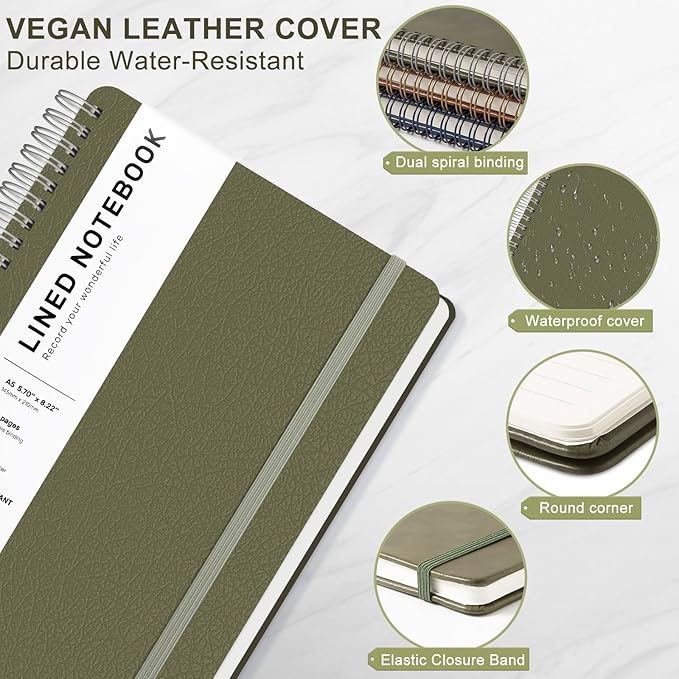 ABERLLS Green Lined Spiral Journal Notebook with 160 Pages, 8×5.7in, A5 Spiral Notebook, Journaling Notebooks for Work, School, Women, Men, College Ruled Spiral Notebook, Hardcover Leather Journals