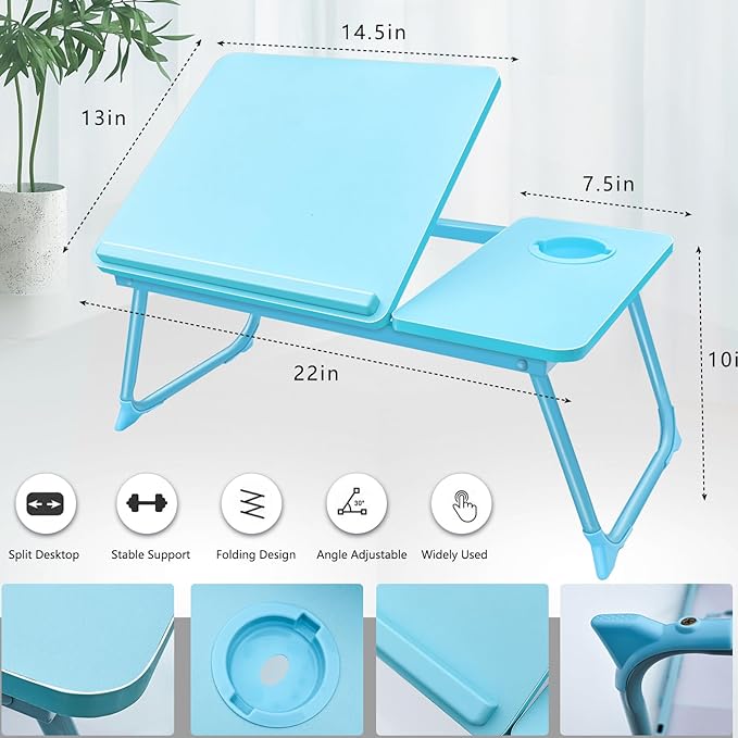 Laptop Desk for Bed Couch, Portable Lap Desk for Laptop, Foldable Bed Table Tray, Kids Lap Desks with Cup Holder, Laptop Stand for Bed, Bed Desk for Laptop and Writing (Blue)