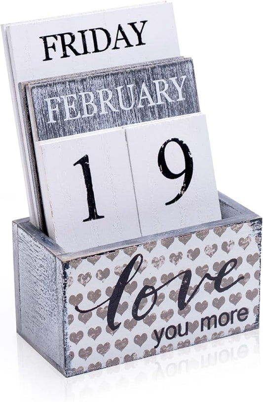 Notakia Perpetual Calendar Wooden Calendar Blocks Vintage Wood Block Calendar for Home Office Desk Accessories Week Month Date Display (Love you more)