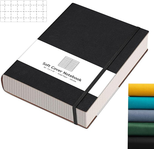 AHGXG Graph Paper Notebook - 320 Pages Grid Paper Notebook Large Journal B5, 100gsm Thick Graph Paper, Leather Softcover, Inner Pocket, 7.6'' X 10''- Black
