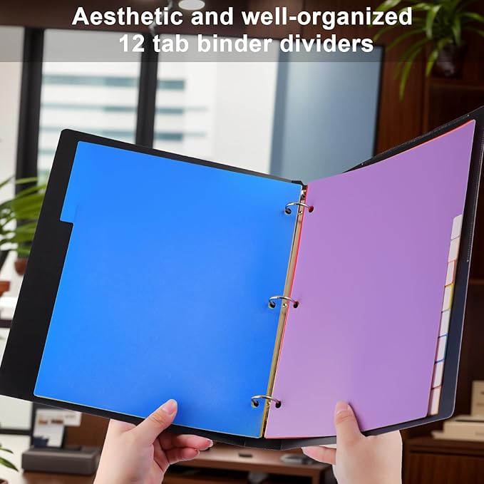 HABGP 12 Tab Dividers for 3 Ring Binder, 12 Pcs Multicolor 3 Ring Binder Dividers with Tabs, Page Folder Dividers, Plastic Tabbed File Dividers with Tabs, Three Ring Binder Index Dividers, 1 Set