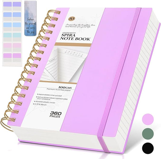 Spiral Notebook Journal ,360 Pages College Ruled Notebooks,Lined Thick Journals for Women Men, A5 Thick Spiral Journal for Writing,100GSM Paper, Spiral Notebooks for Work School 5.5"x8.5" Purple