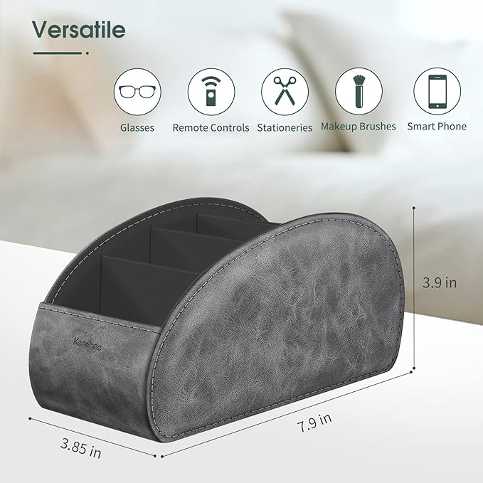 Large Remote Control Holder with 5 Compartments, KENOBEE Anti-slip Desktop Caddy Storage Organizer for Phone, Remote Controllers, Office Supplies, Makeup Brush, Media Accessories,Gray